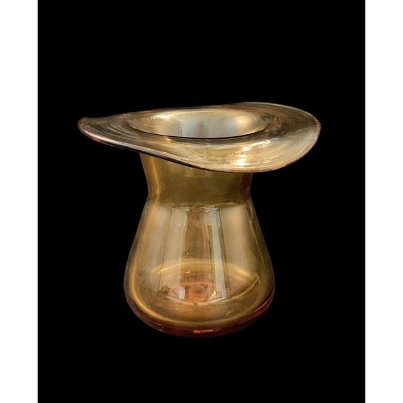 Vintage Amber Art Glass Vase Jar Candle Holder Ruffle FLANGE  Small Hand Blown - Picture 1 of 9